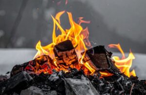 Close Up of Wood Fire with Winter Weather in Background
